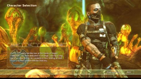 Окно выбора персонажа на фоне идеально кислотных тонов. Только самые отчаянные игроки смогут дойти до запуска первой миссии.